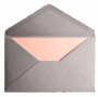 An open gray envelope with a light pink card inside.