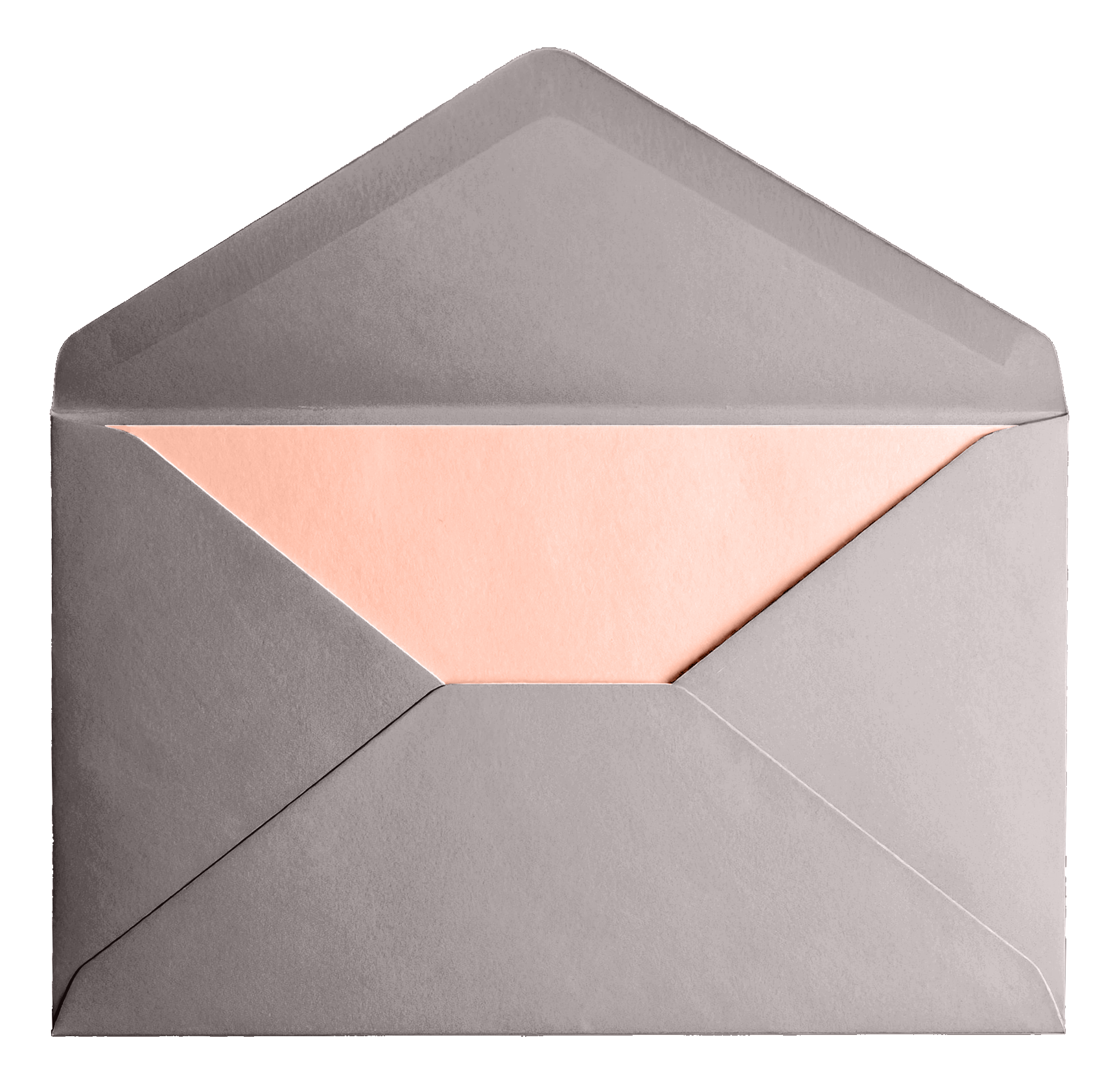 An open gray envelope with a light pink card inside. An open gray envelope with a light pink card inside.