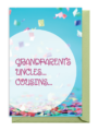 A colorful card with text about grandparents, uncles, and cousins.