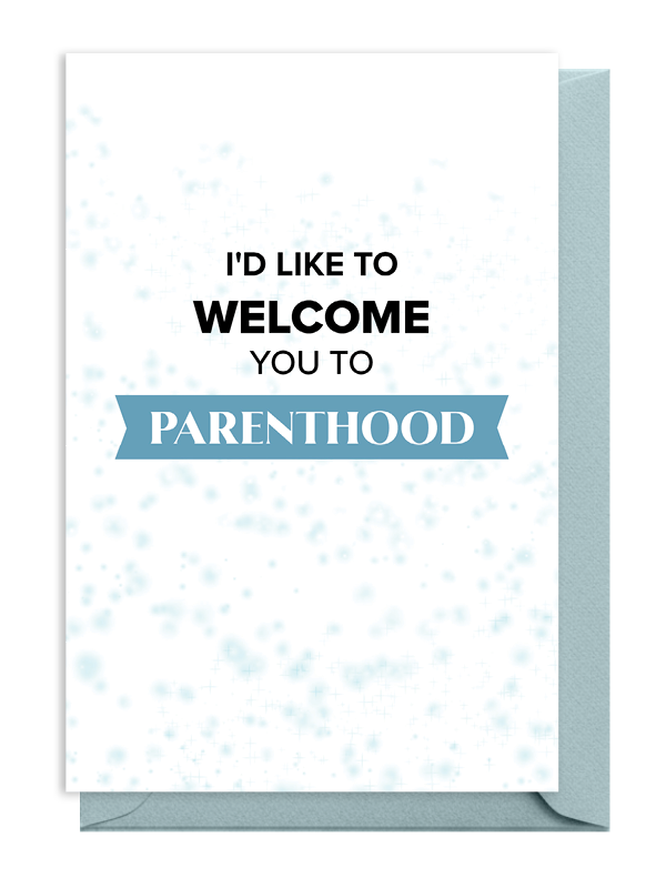 Greeting card welcoming someone to parenthood with a soft blue design.